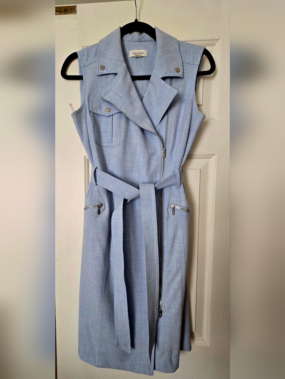 Calvin Klein Pale Blue Sleeveless Trench Dress with Belt